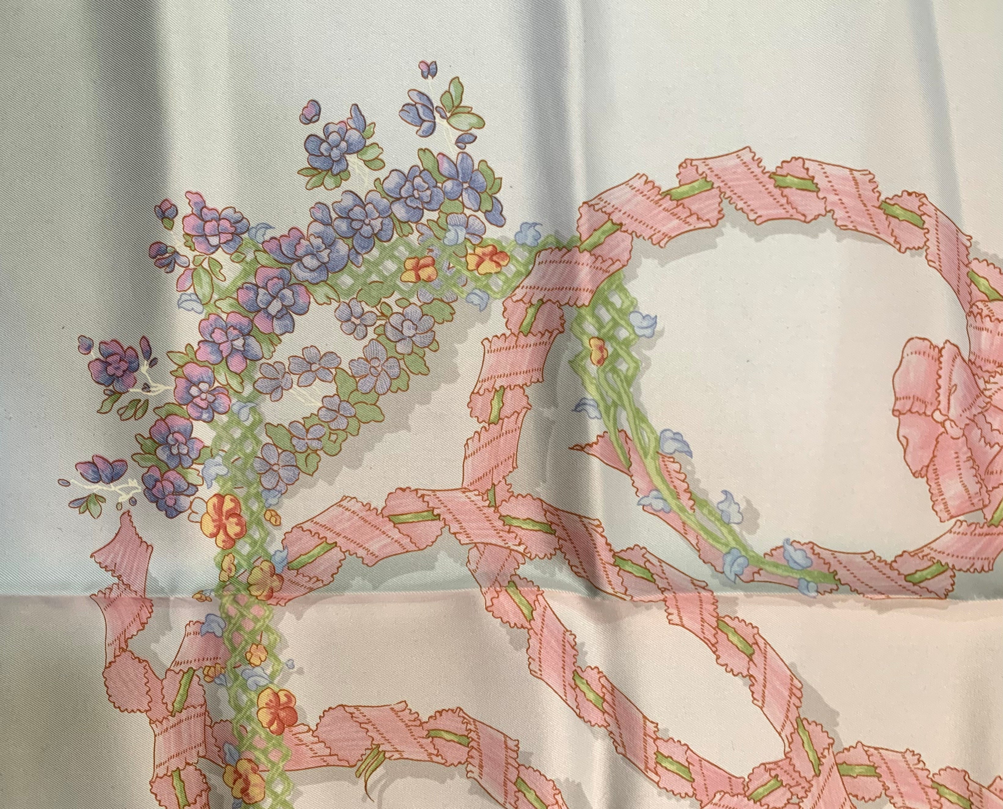 Hermes 1986 'Le Sacre du Printemps' Spring Pink & White Silk Scarf DETAIL 3 of 4