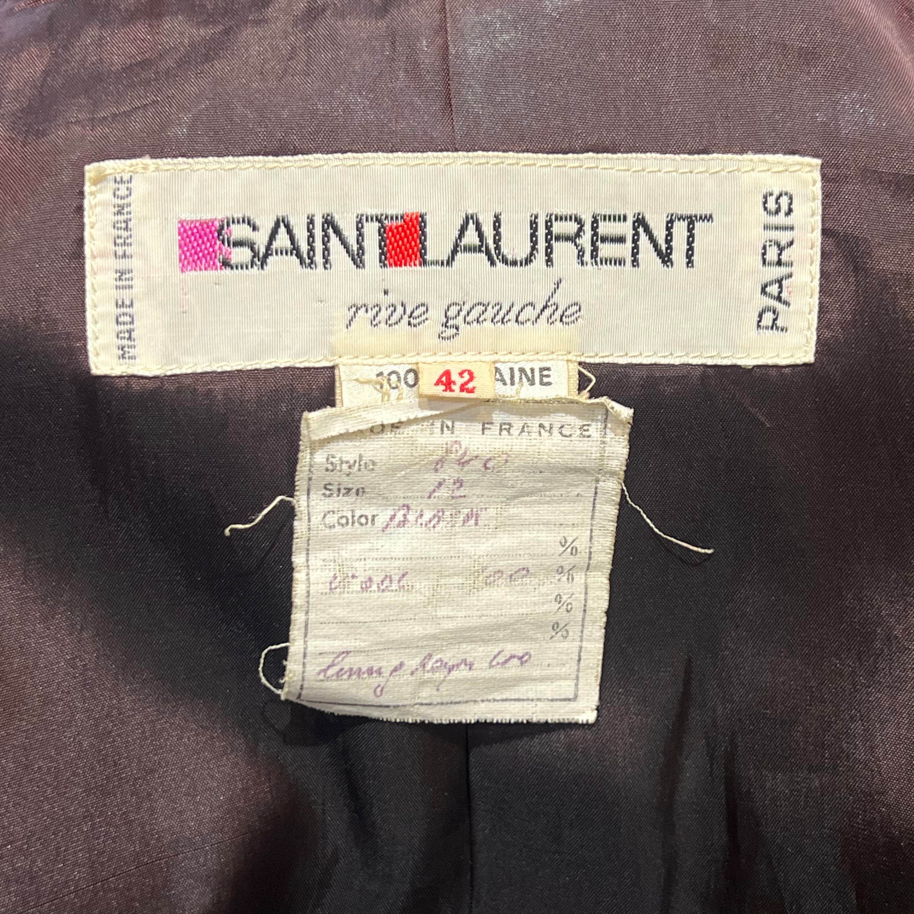 Saint Laurent 1970's Black Wool Gabardine and Faille Skirt Suit, label