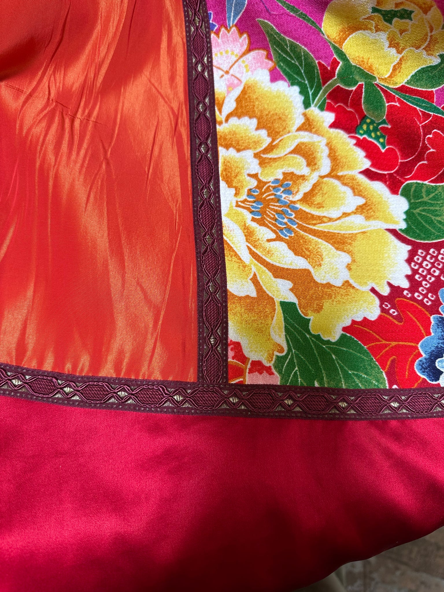 KENZO 2000s Silk Kimono Inspired Patchwork Maxi Skirt, detail