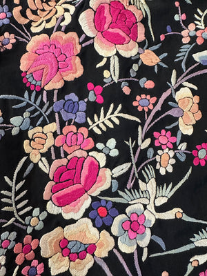 Chinese 1930s Colorful Floral Hand Embroidered Black Silk Jacket DETAIL 5 of 6