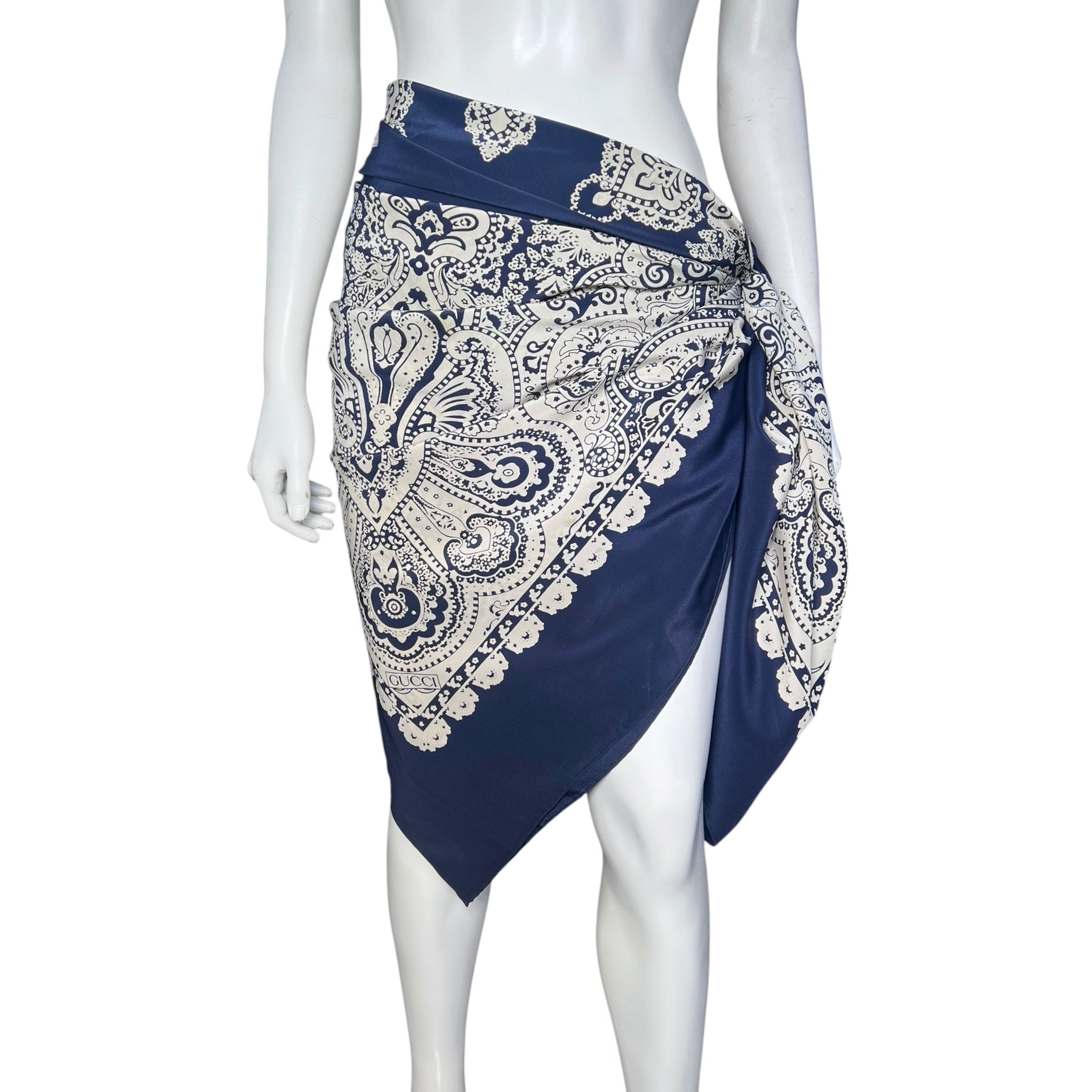 Gucci by Tom Ford Cruise 2004 Paisley Navy Blue and Ivory Large Silk Pareo Scarf, tied as skirt