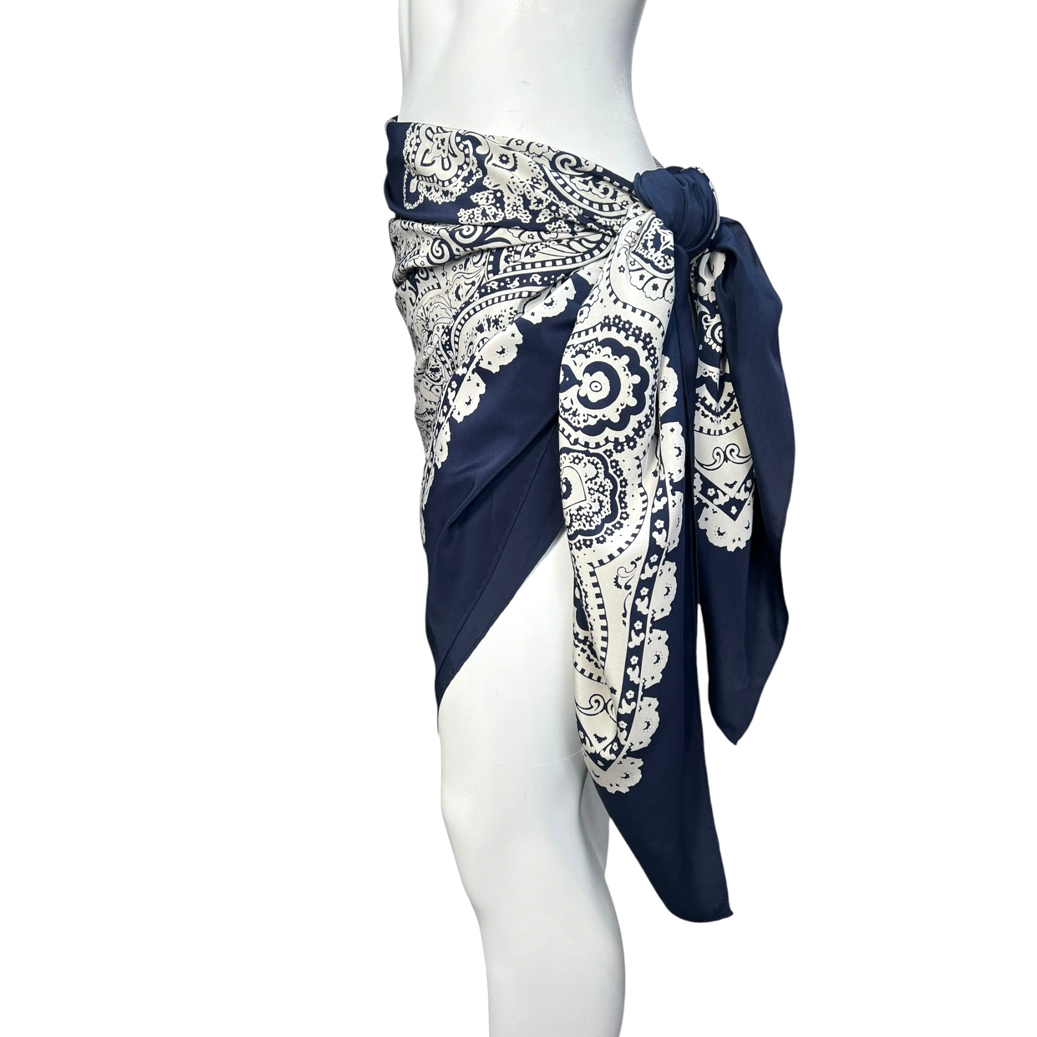 Gucci by Tom Ford Cruise 2004 Paisley Navy Blue and Ivory Large Silk Pareo Scarf, side 2 tied as skirt