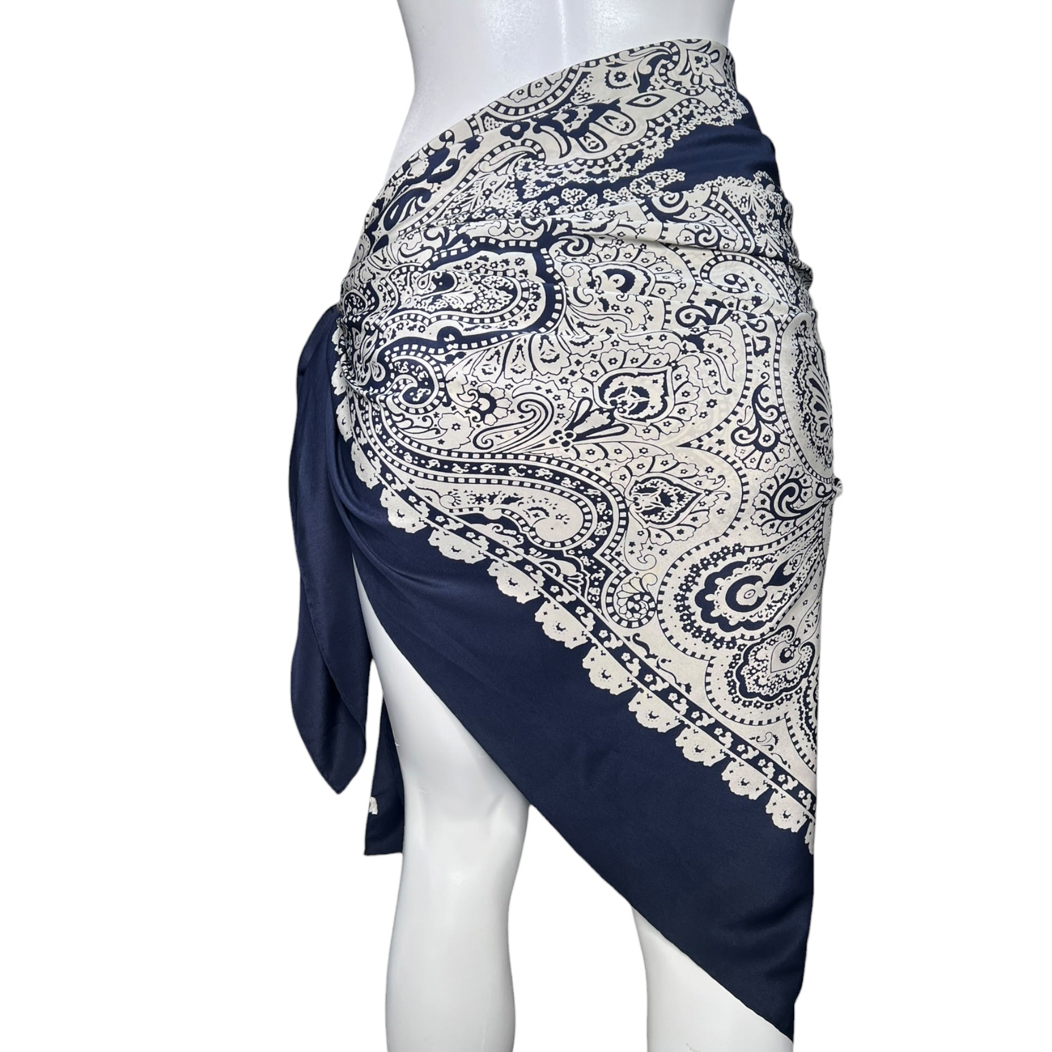 Gucci by Tom Ford Cruise 2004 Paisley Navy Blue and Ivory Large Silk Pareo Scarf, back tied as skirt