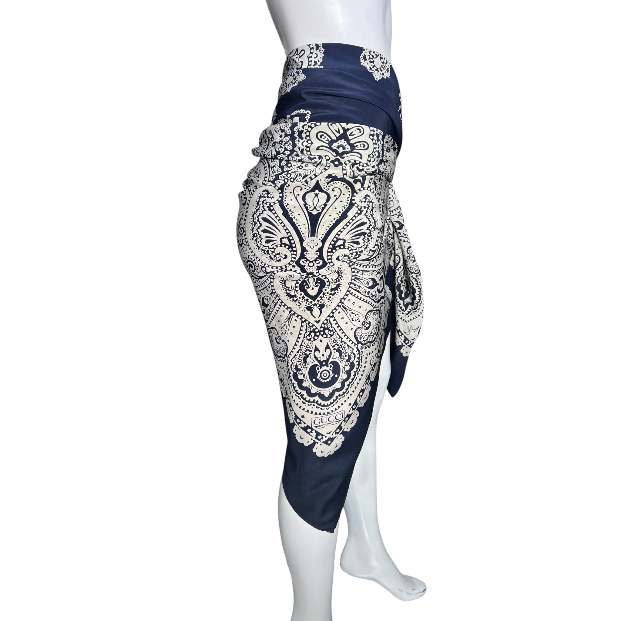 Gucci by Tom Ford Cruise 2004 Paisley Navy Blue and Ivory Large Silk Pareo Scarf, skirt variation side