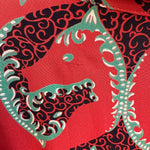1940's Red Graphic Horse Head Printed Rayon Crepe Dress, professional mend, back of left shoulder