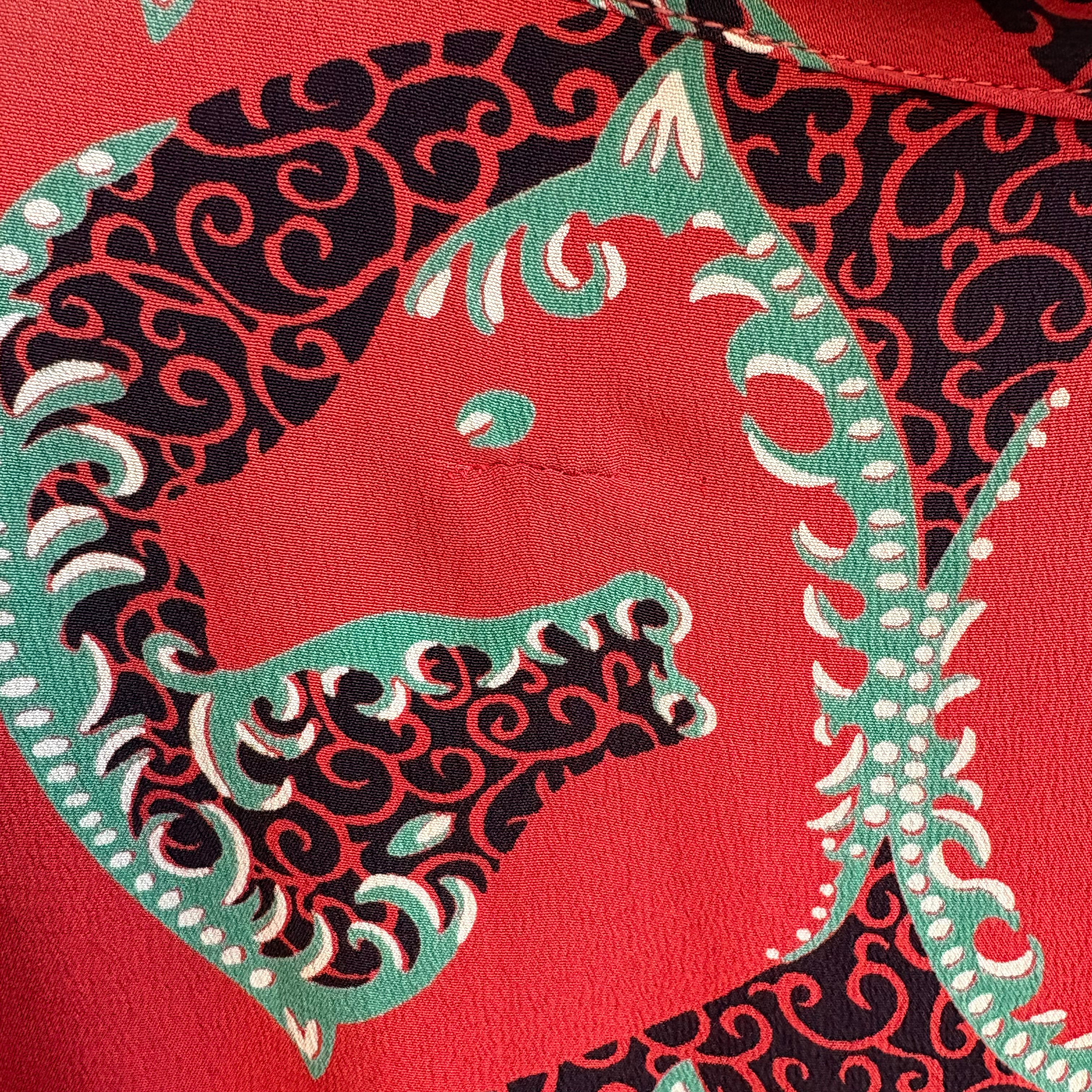 1940's Red Graphic Horse Head Printed Rayon Crepe Dress, professional mend, back of left shoulder