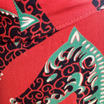 1940's Red Graphic Horse Head Printed Rayon Crepe Dress, pinholes, back of neck