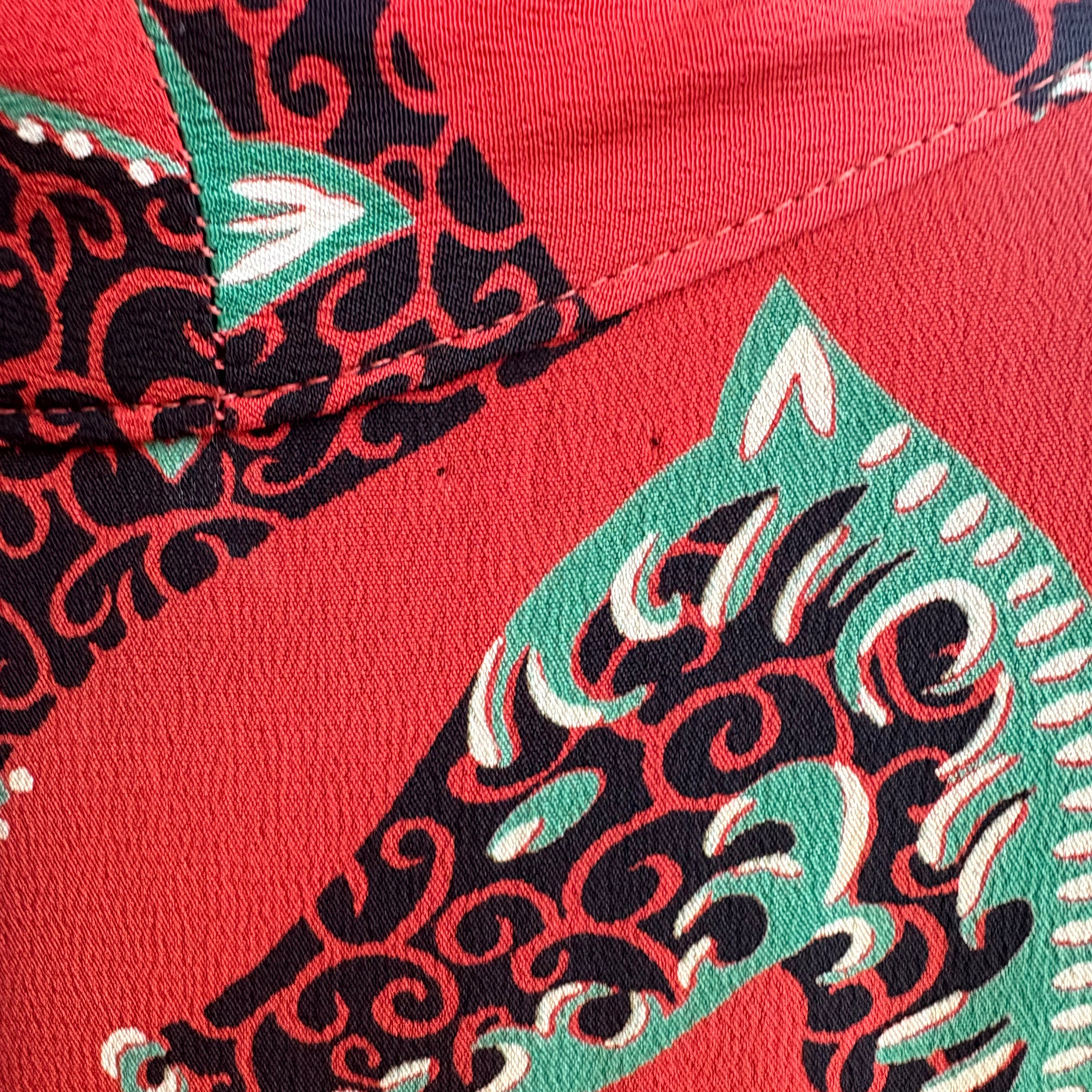 1940's Red Graphic Horse Head Printed Rayon Crepe Dress, pinholes, back of neck