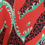 1940's Red Graphic Horse Head Printed Rayon Crepe Dress, water stain 5