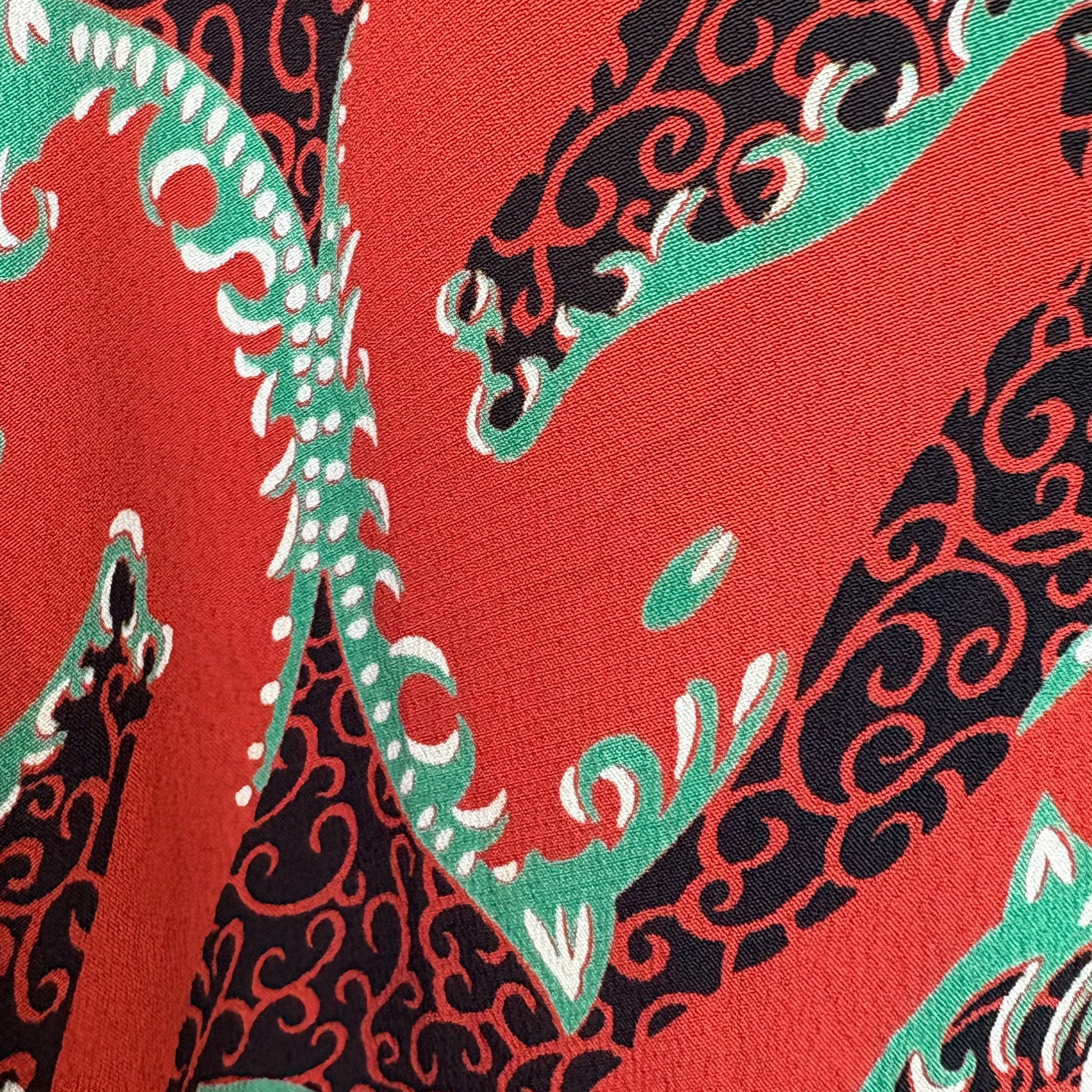 1940's Red Graphic Horse Head Printed Rayon Crepe Dress, water stain 5