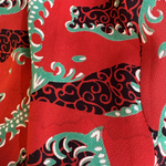 1940's Red Graphic Horse Head Printed Rayon Crepe Dress, water stain 4