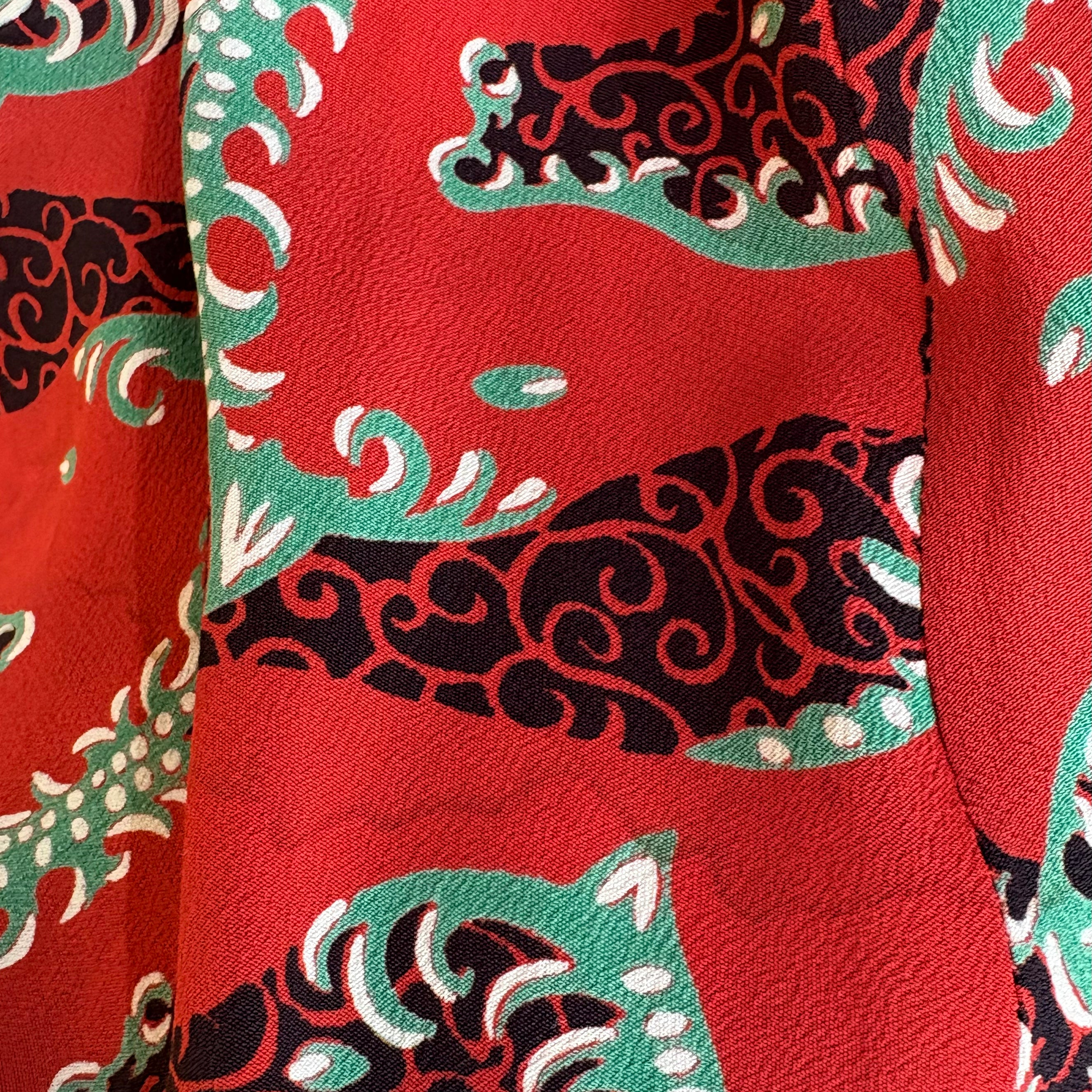 1940's Red Graphic Horse Head Printed Rayon Crepe Dress, water stain 4