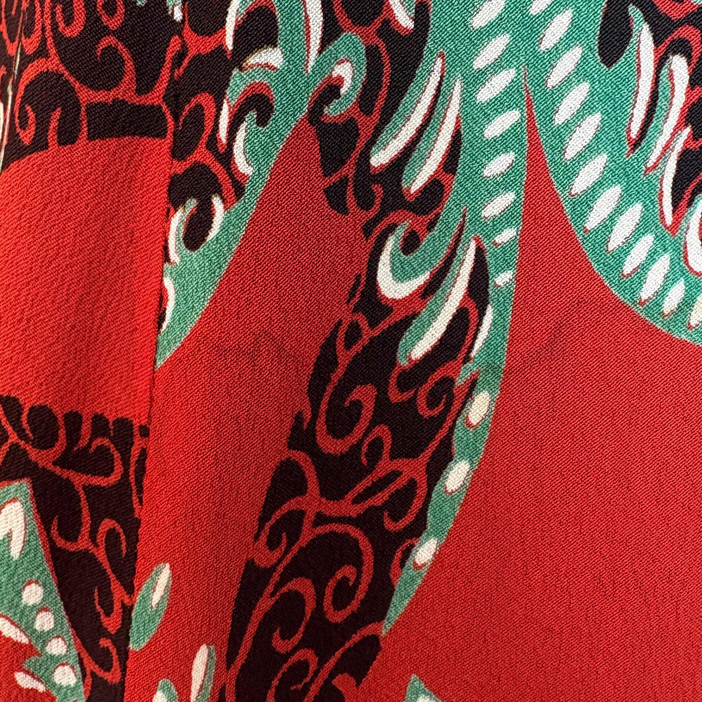 1940's Red Graphic Horse Head Printed Rayon Crepe Dress, water stain 3