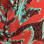 1940's Red Graphic Horse Head Printed Rayon Crepe Dress, water stain 2