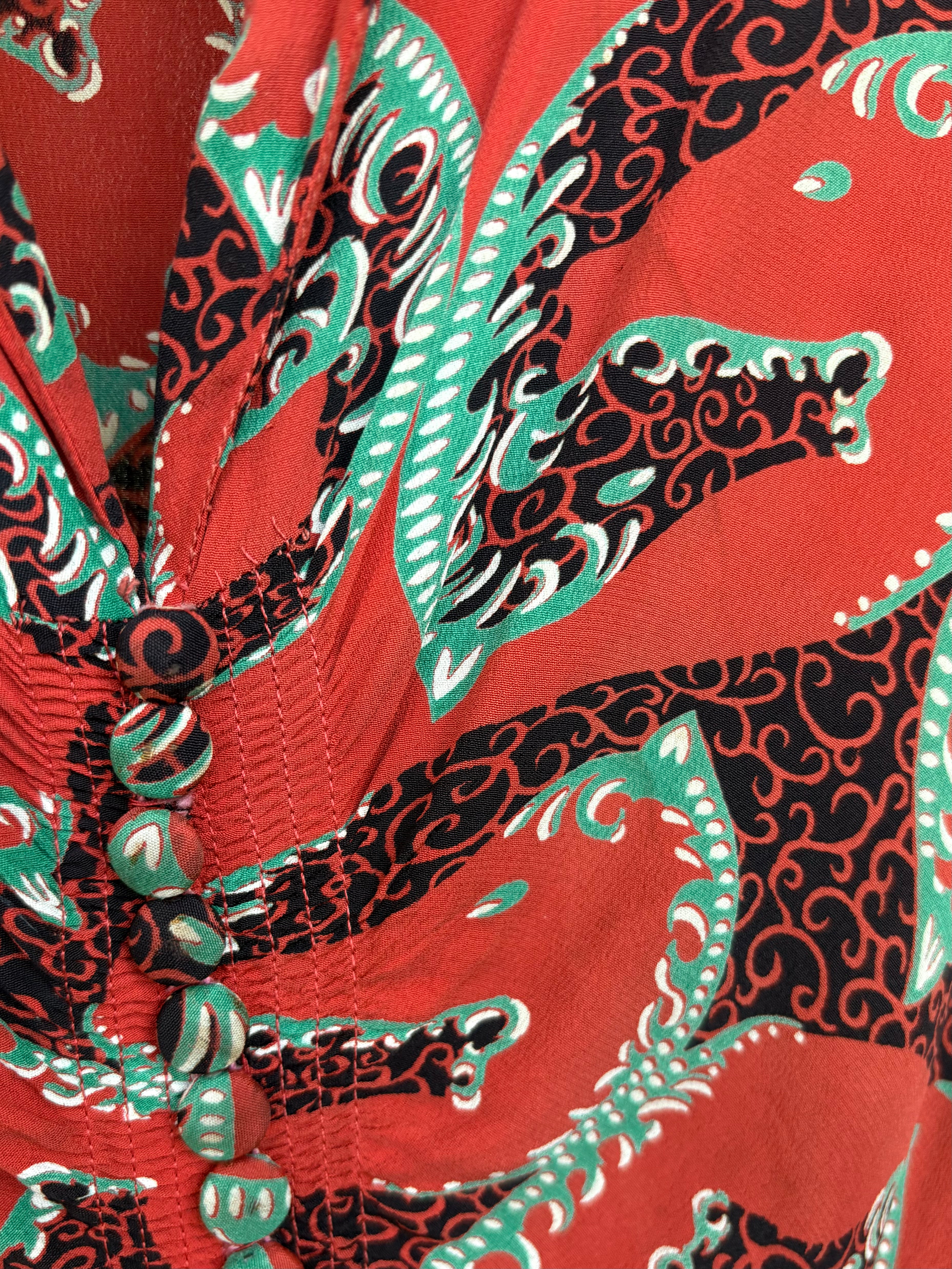 1940's Red Graphic Horse Head Printed Rayon Crepe Dress, water stain 2