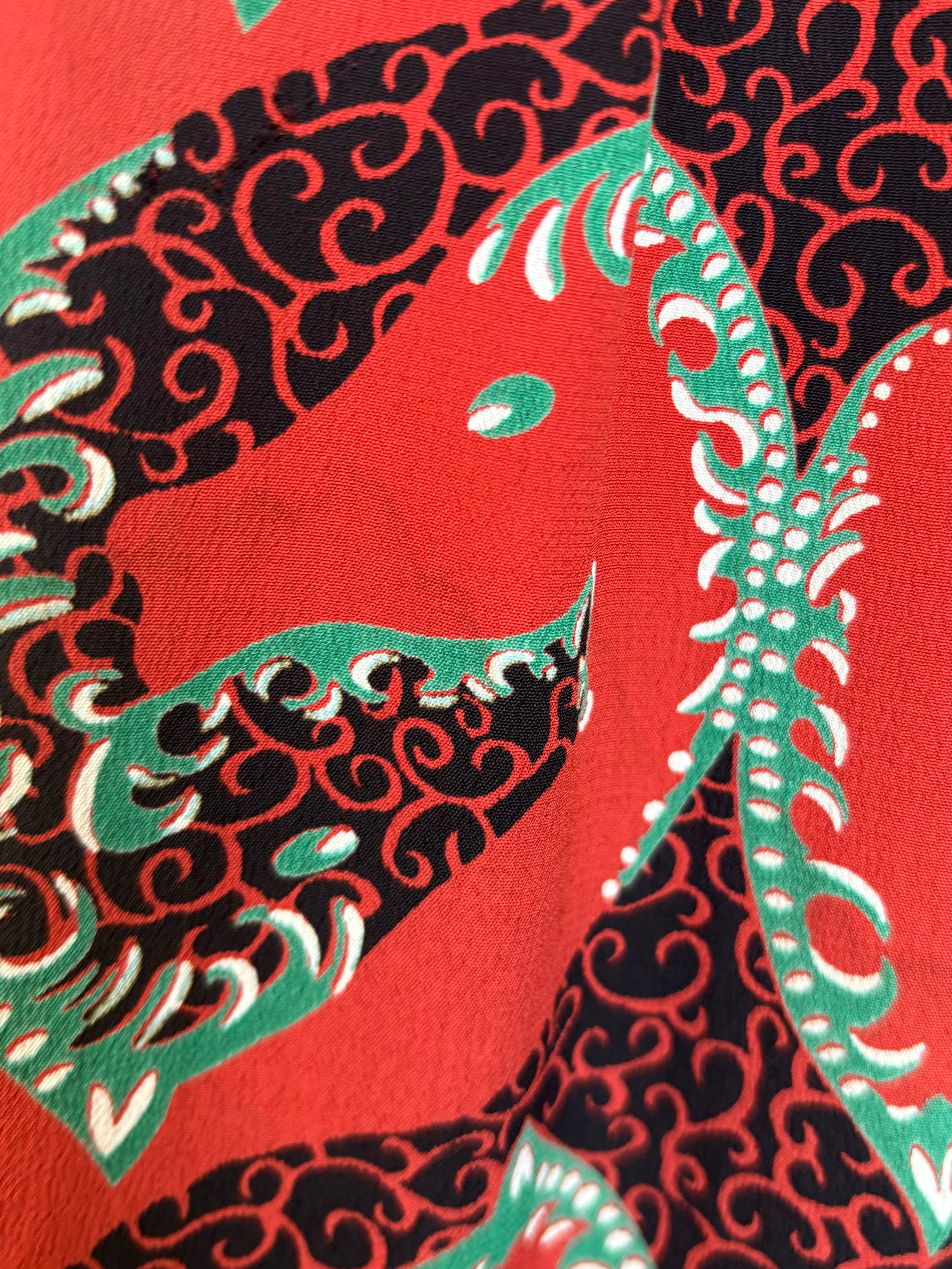 1940's Red Graphic Horse Head Printed Rayon Crepe Dress, water stain