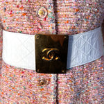 Chanel 1985 Cruise White Quilted Leather Belt with Gold Plated Buckle, on a garment 4