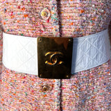 Chanel 1985 Cruise White Quilted Leather Belt with Gold Plated Buckle, on a garment 4