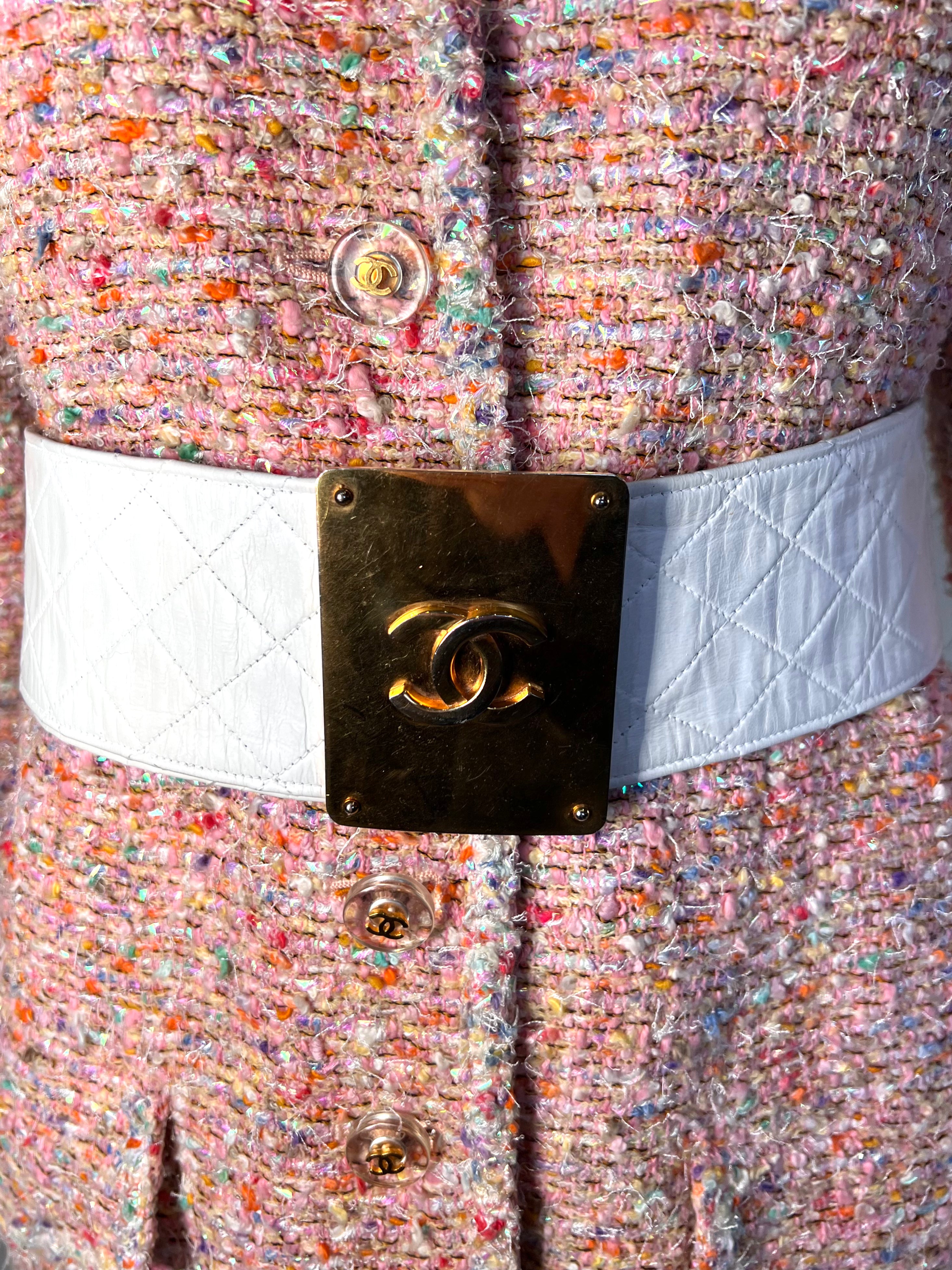 Chanel 1985 Cruise White Quilted Leather Belt with Gold Plated Buckle, on a garment 4