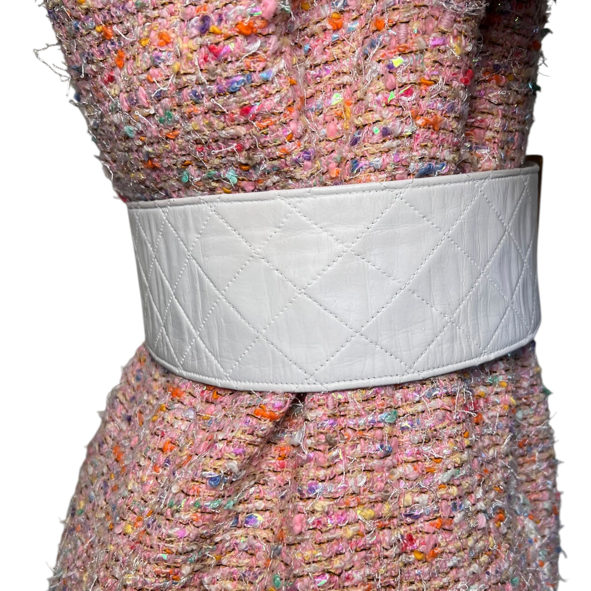 Chanel 1985 Cruise White Quilted Leather Belt with Gold Plated Buckle, on a garment