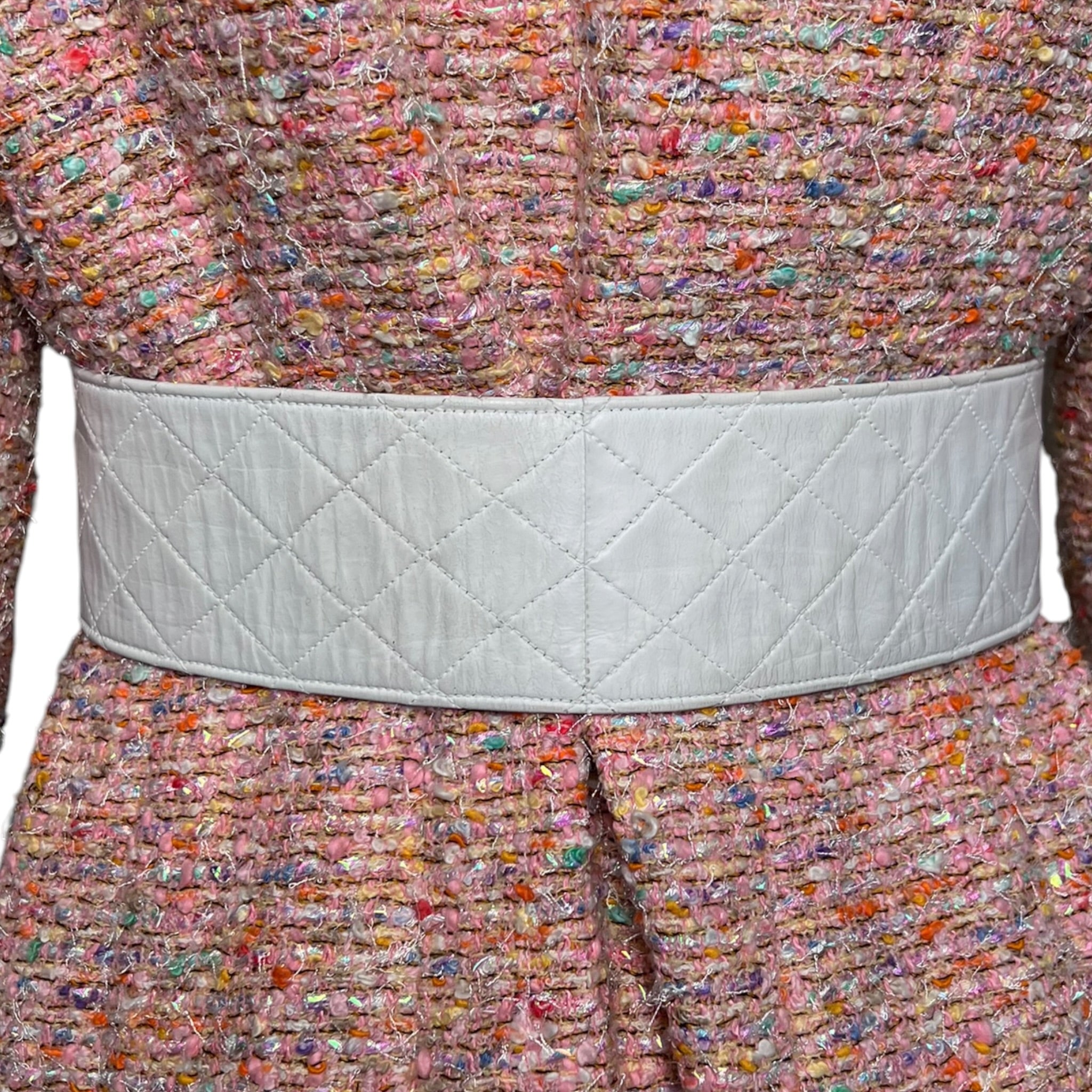 Chanel 1985 Cruise White Quilted Leather Belt with Gold Plated Buckle, on a garment 2