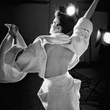 Maria Johnson, Paris, 1984. Bathrobe dress, Summer 1984.  Photograph by Peter Lindbergh. Courtesy of the Peter Lindbergh Foundation, Paris.