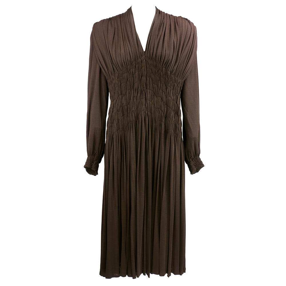 Madame Grès Haute Couture 1940's Brown Hand Smocked Matte Jersey Dress, front