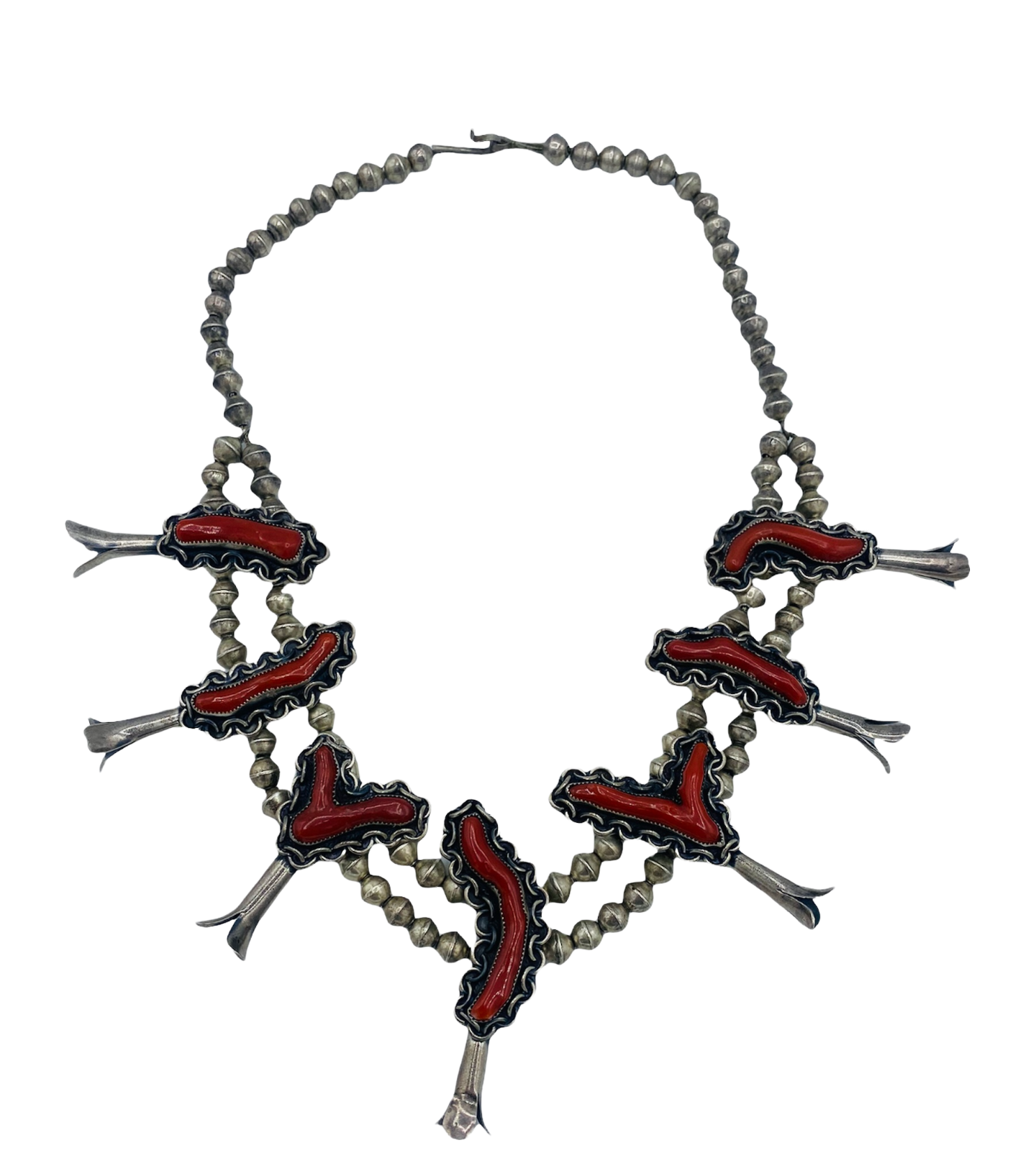 Navajo Silver and Coral Squash Blossom Necklace PHOTO 1 of 4