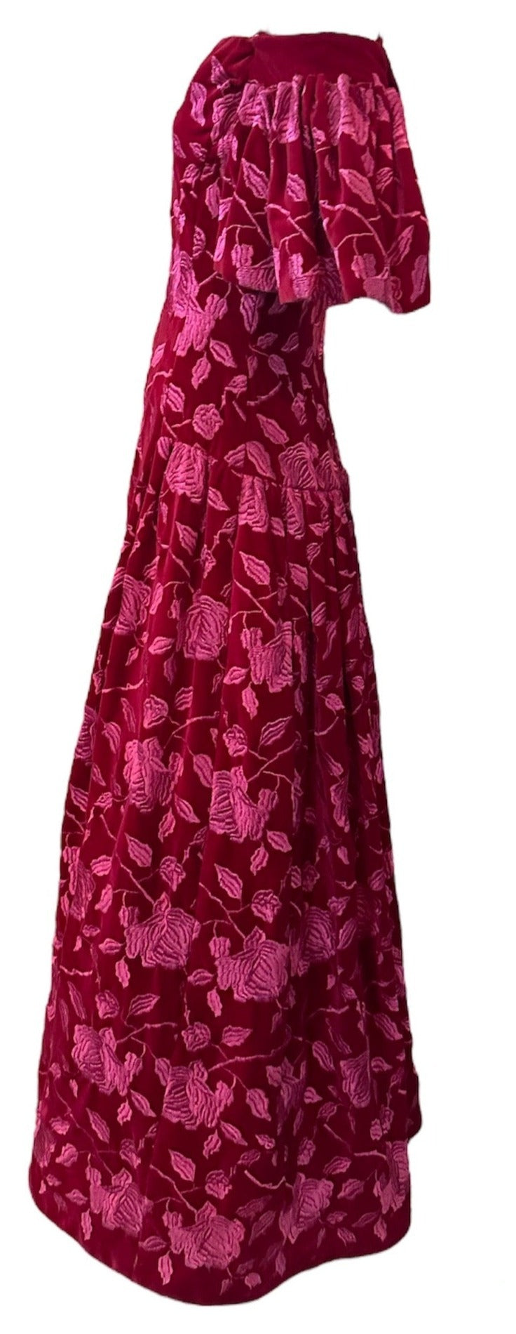Arnold Scaasi 80s Red Velvet Gown with Pink Embroidery SIDE 2 of 6