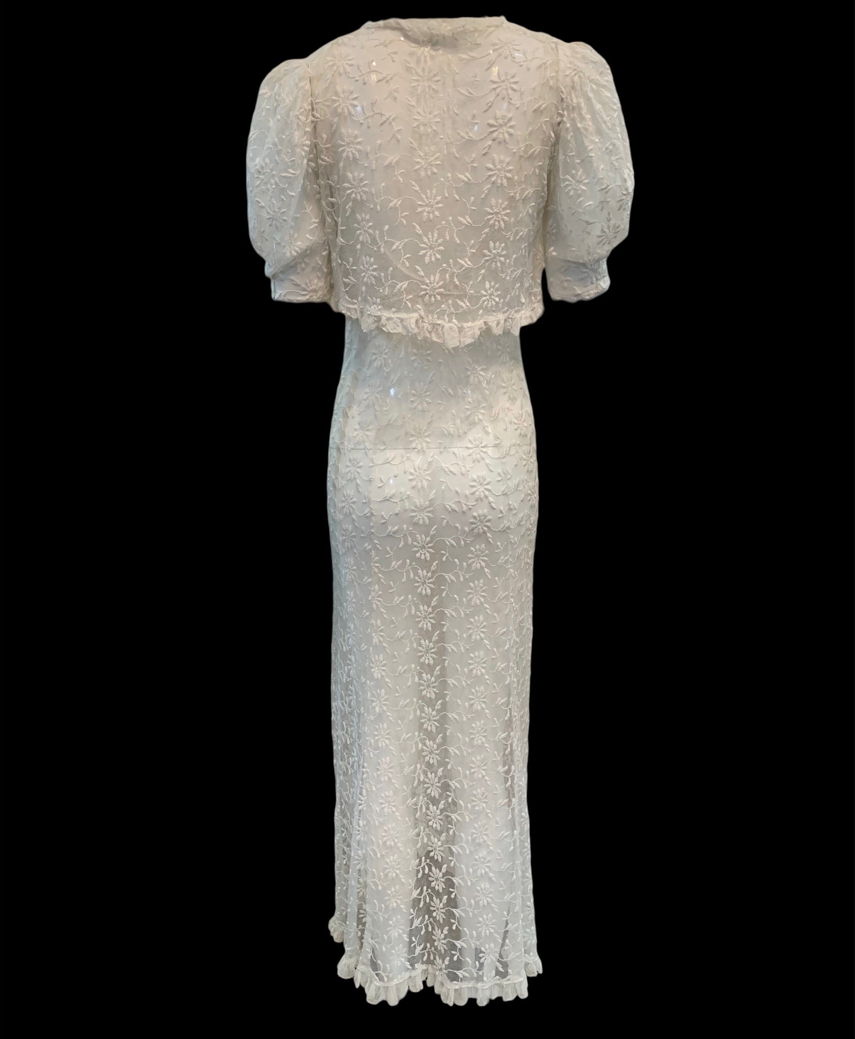 30s White Embroidered Net Bias Cut Gown with Bolero Jacket BACK 3 of 8