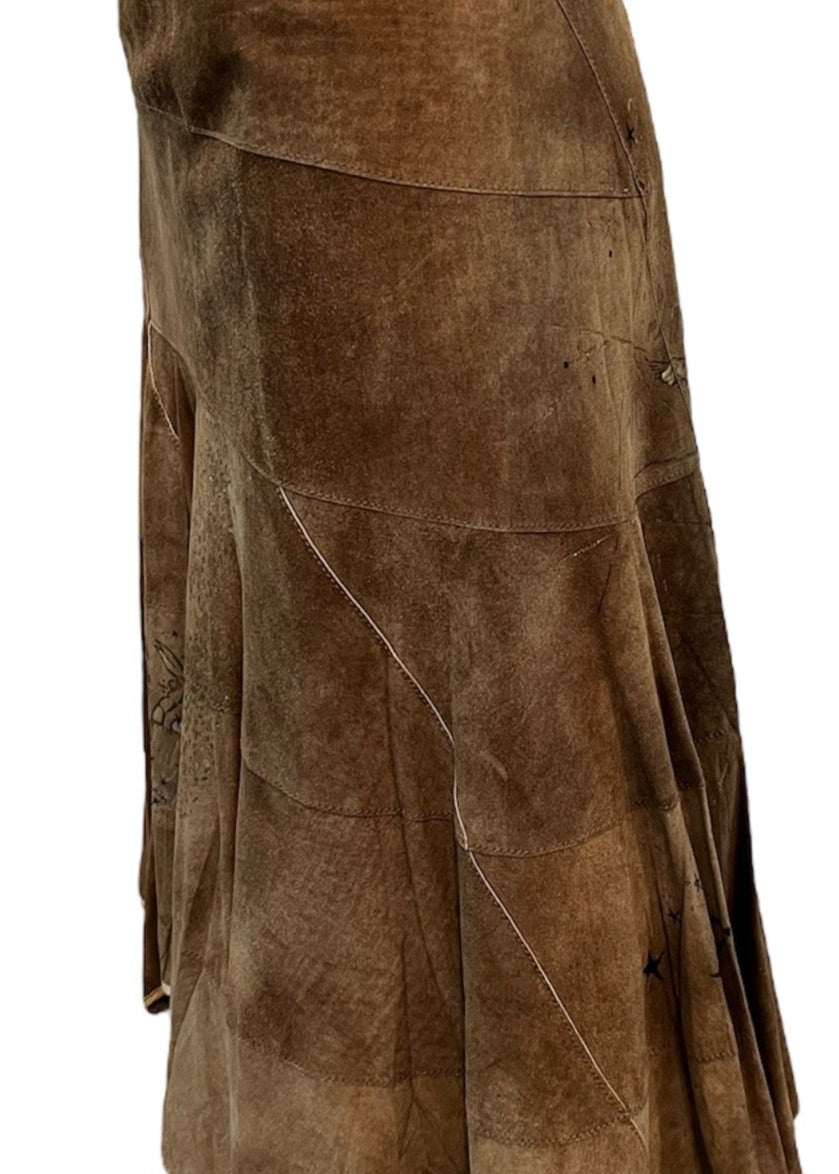  Roberto Cavalli Y2K Brown Suede Patchwork Skirt with Hand Painting. SIDE 2 of 5