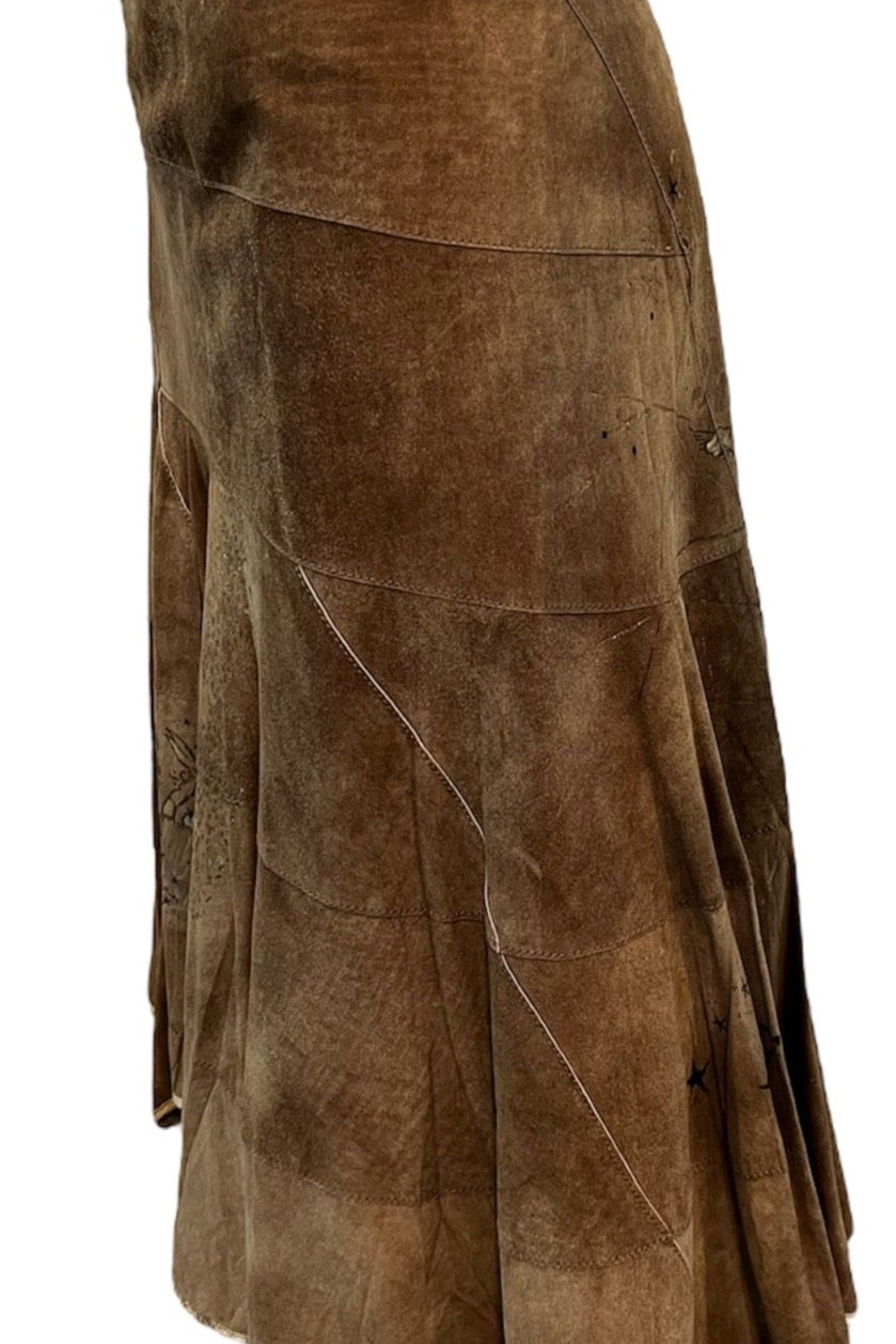  Roberto Cavalli Y2K Brown Suede Patchwork Skirt with Hand Painting. SIDE 2 of 5