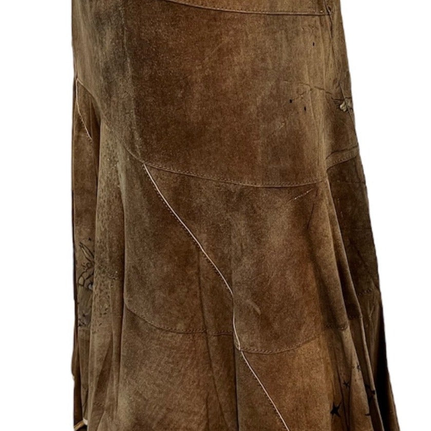  Roberto Cavalli Y2K Brown Suede Patchwork Skirt with Hand Painting. SIDE 2 of 5