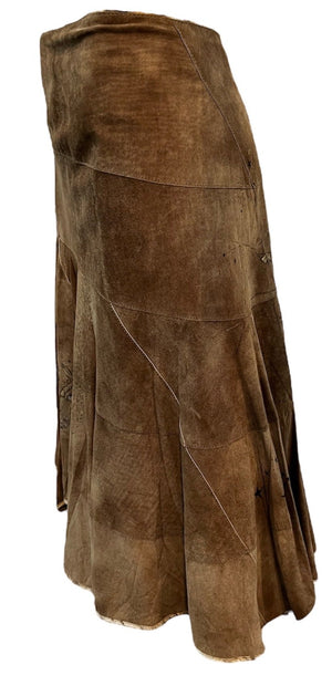  Roberto Cavalli Y2K Brown Suede Patchwork Skirt with Hand Painting. SIDE 2 of 5