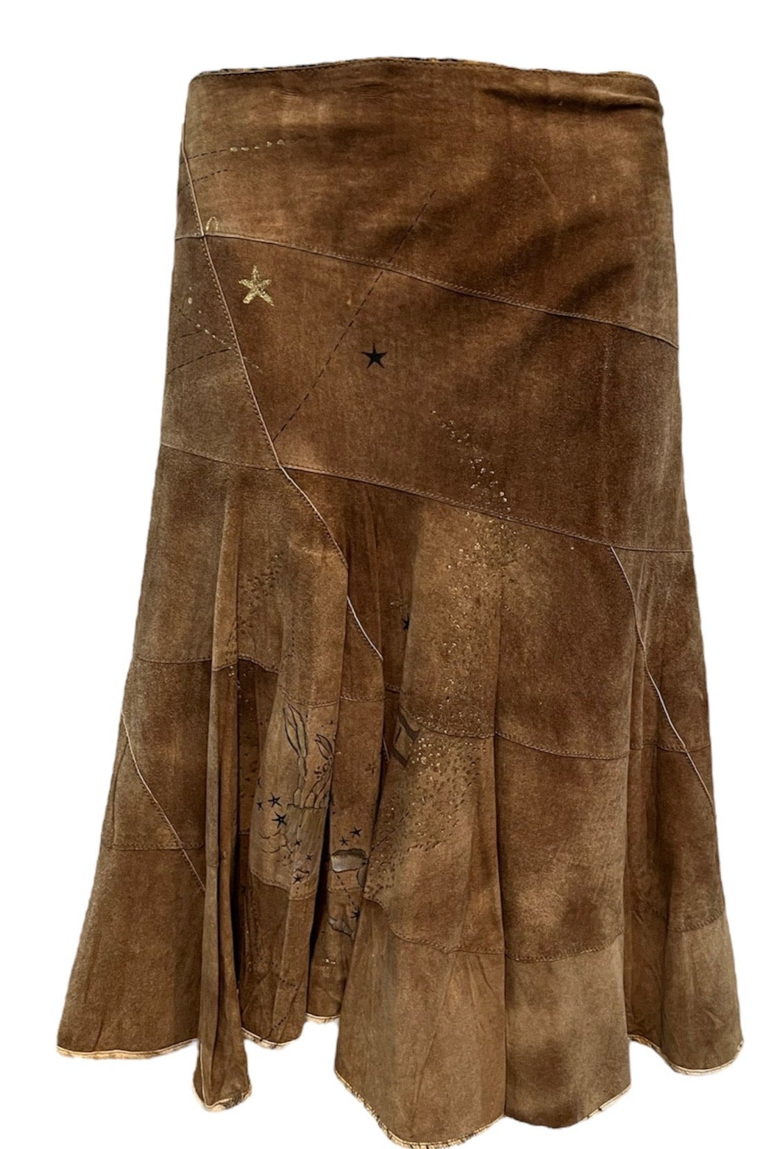  Roberto Cavalli Y2K Brown Suede Patchwork Skirt with Hand Painting. BACK 3 of 5