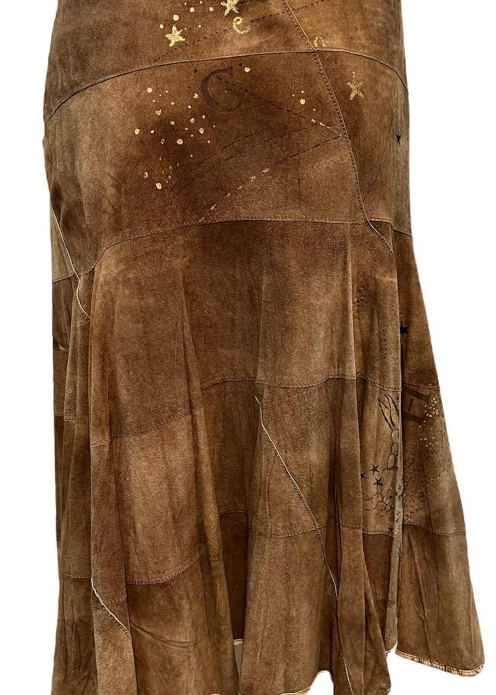  Roberto Cavalli Y2K Brown Suede Patchwork Skirt with Hand Painting. FRONT 1 of 5