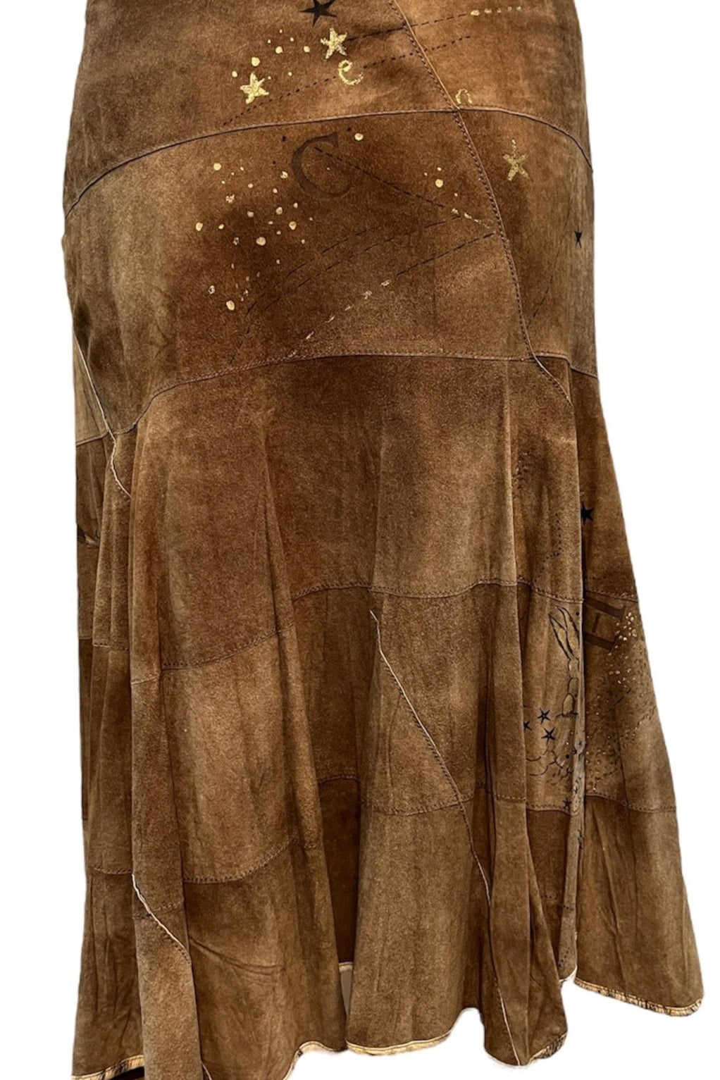  Roberto Cavalli Y2K Brown Suede Patchwork Skirt with Hand Painting. FRONT 1 of 5