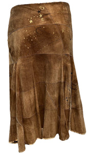  Roberto Cavalli Y2K Brown Suede Patchwork Skirt with Hand Painting. FRONT 1 of 5