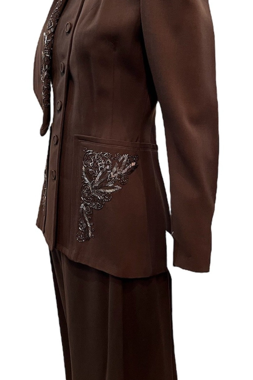 40s Chocolate Brown Wool Gabardine Beaded Suit SIDE 2 of 6
