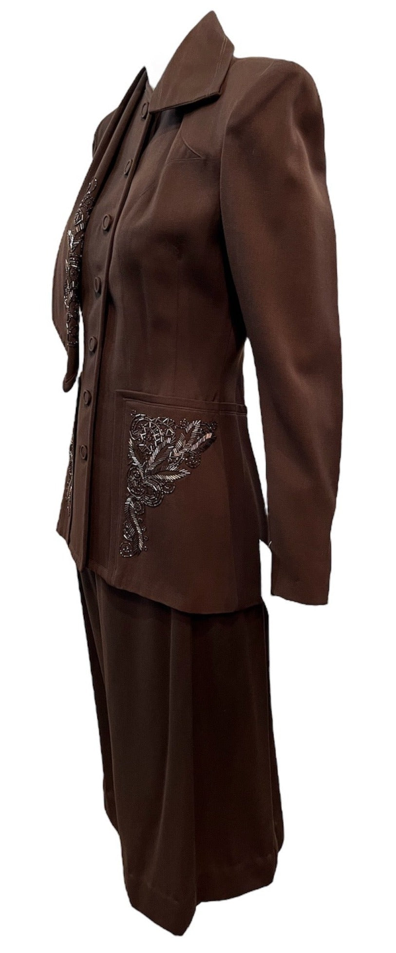 40s Chocolate Brown Wool Gabardine Beaded Suit SIDE 2 of 6