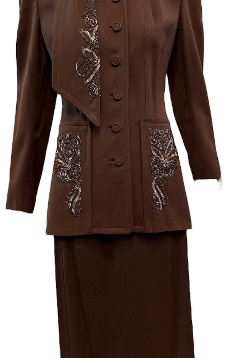 40s Chocolate Brown Wool Gabardine Beaded Suit FRONT 1 of 6