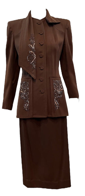 40s Chocolate Brown Wool Gabardine Beaded Suit FRONT 1 of 6