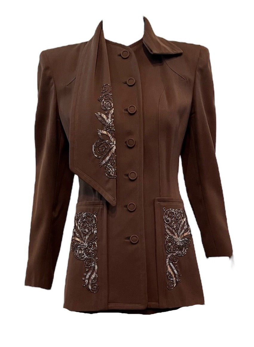 40s Chocolate Brown Wool Gabardine Beaded Suit JACKET 4 of  6