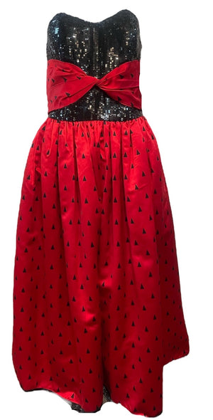 Geoffrey Beene 80s Red Satin and Black Sequin Tea Length Gown