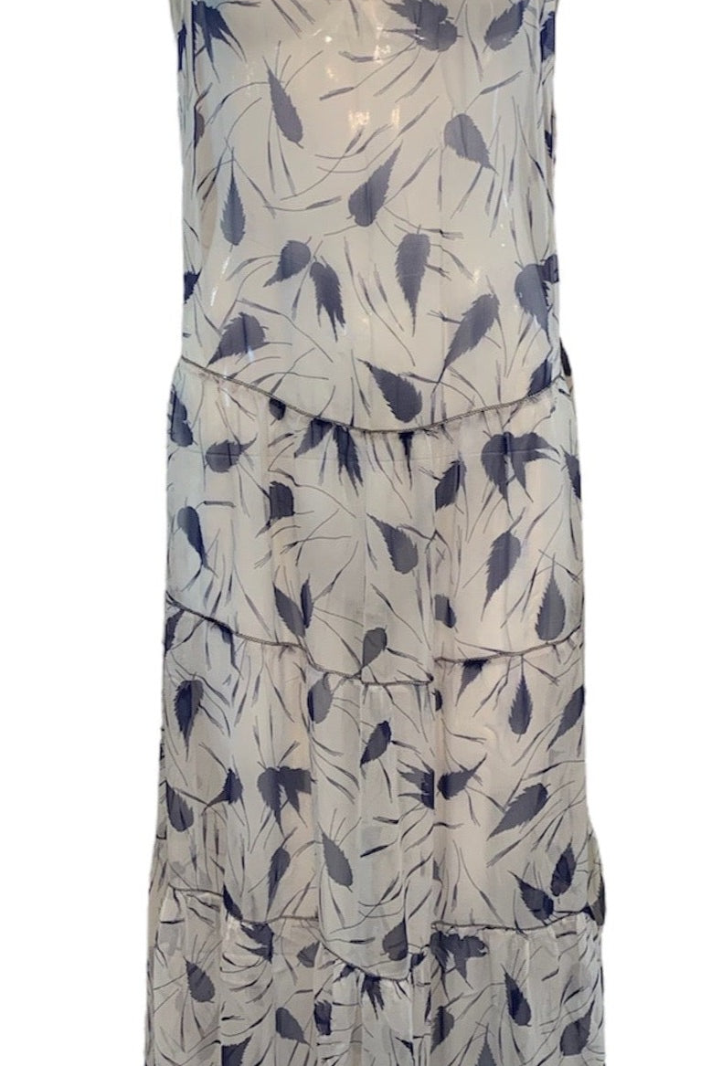 30s Dress White and Blue Chiffon with Tiered Skirt FRONT 1 of 6