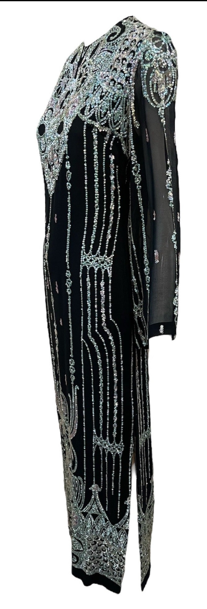 Jane Valois 70s Black Silk Sheath with Iridescent Deco Sequin Pattern, side