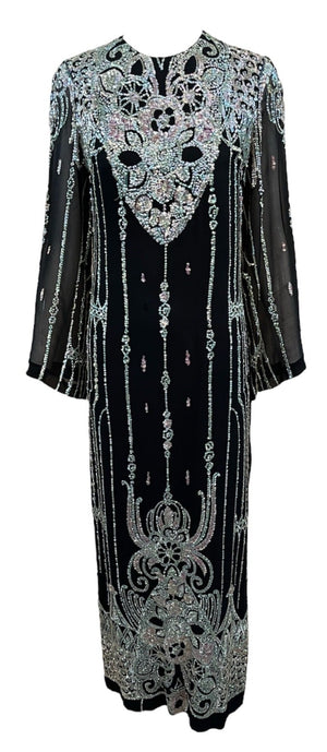 Jane Valois 70s Black Silk Sheath with Iridescent Deco Sequin Pattern