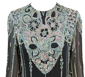 Jane Valois 70s Black Silk Sheath with Iridescent Deco Sequin Pattern, bodice 