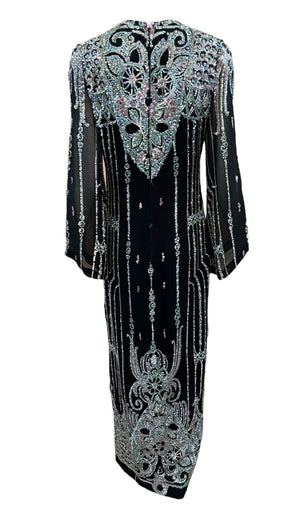 Jane Valois 70s Black Silk Sheath with Iridescent Deco Sequin Pattern, back
