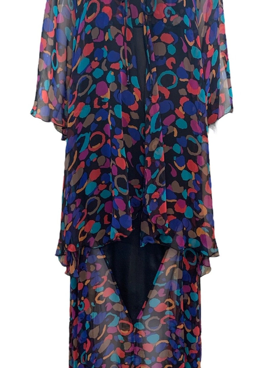 Bob Mackie Black Multicolor Print Two Piece Peignoir Set FRONT 1 of 6